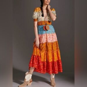 Anthropologie Tiered and True Floral Cottage Maxi Dress 100% Cotton -‎ S